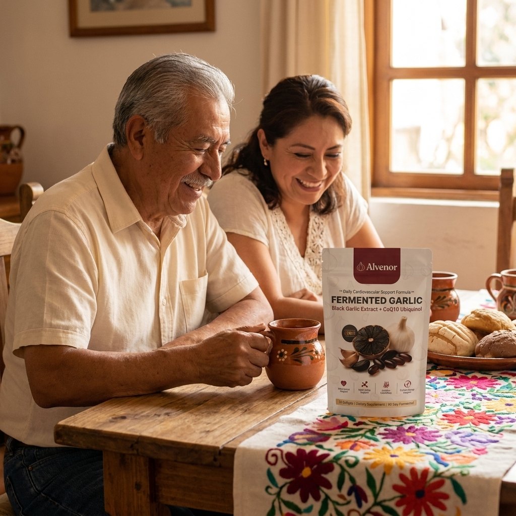 Daughter and her dad laughing at the table with café de olla and the Alvenor pouch