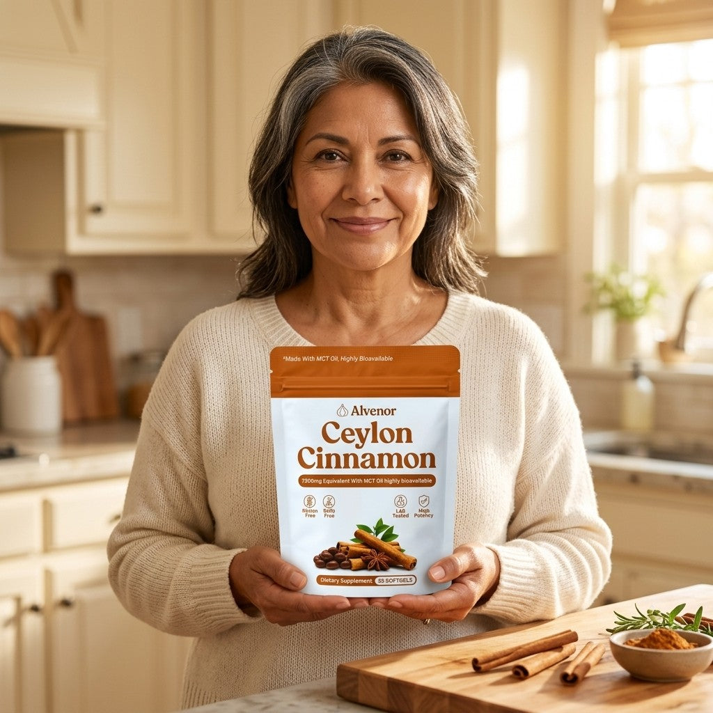 Mujer sonriente con su bolsa de Alvenor Canela Ceylon