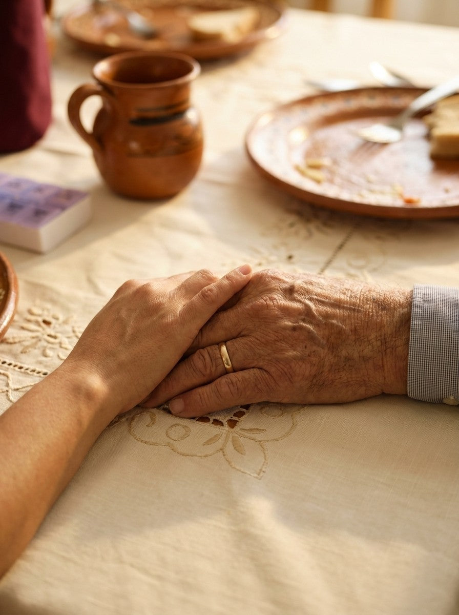Mano de una hija sobre la mano de su papá en la mesa del domingo