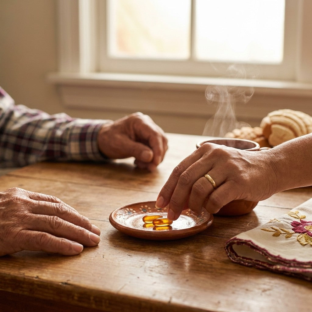 Mano dejando dos cápsulas junto al café de su papá en la mesa de madera