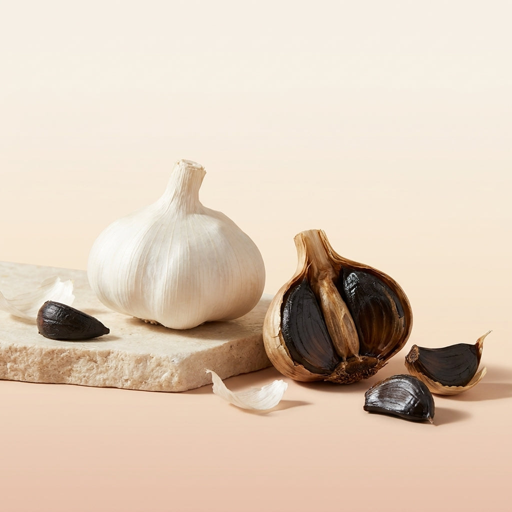 Ajo blanco junto a un ajo negro fermentado partido a la mitad