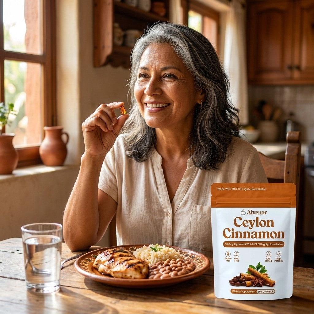 Mujer sonriendo con su cápsula de canela a la hora de la comida