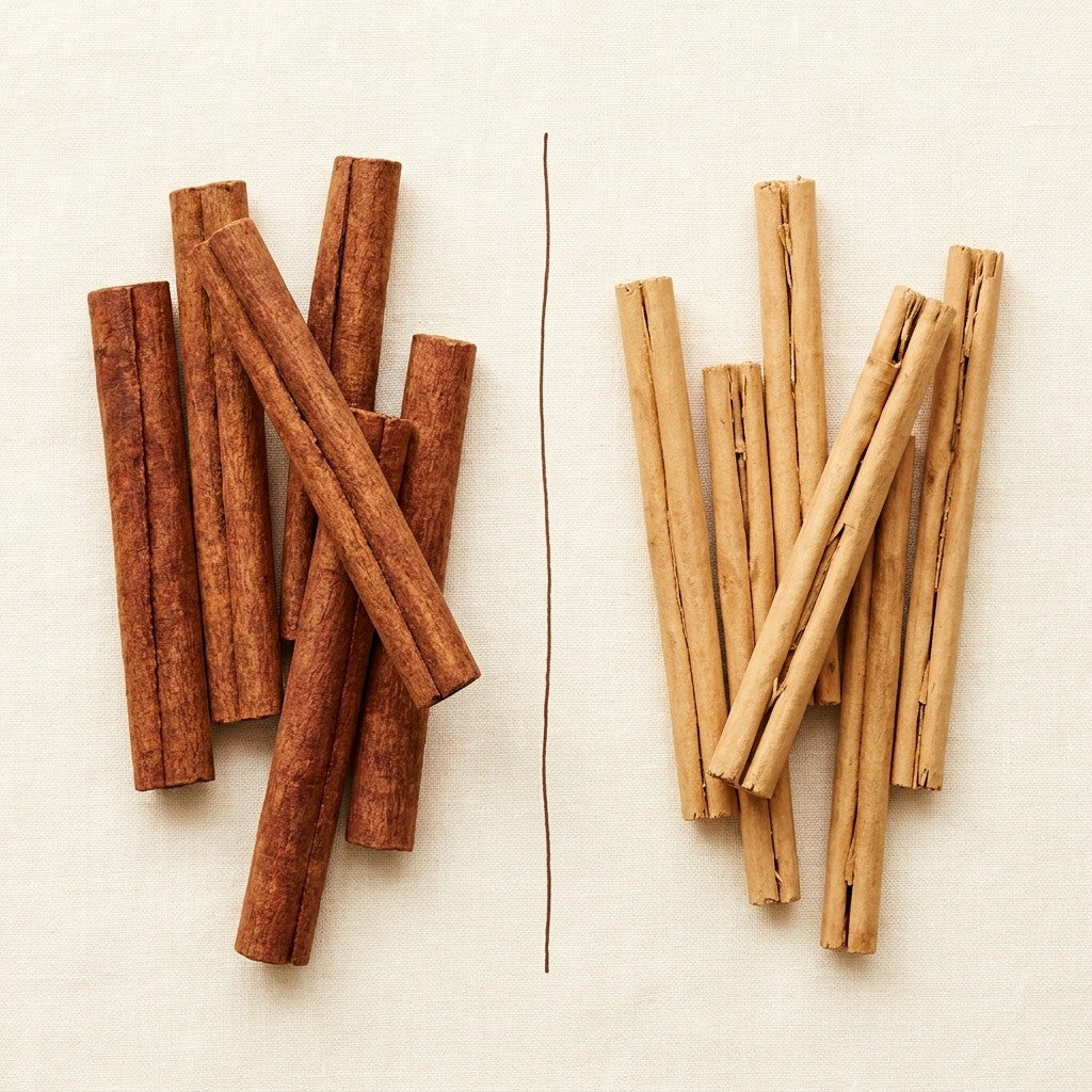 Canela cassia junto a canela Ceylon verdadera