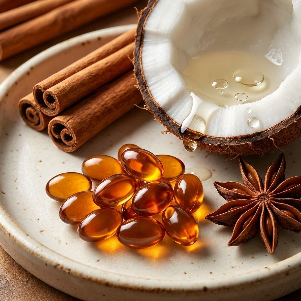Cápsulas blandas de canela con aceite MCT de coco