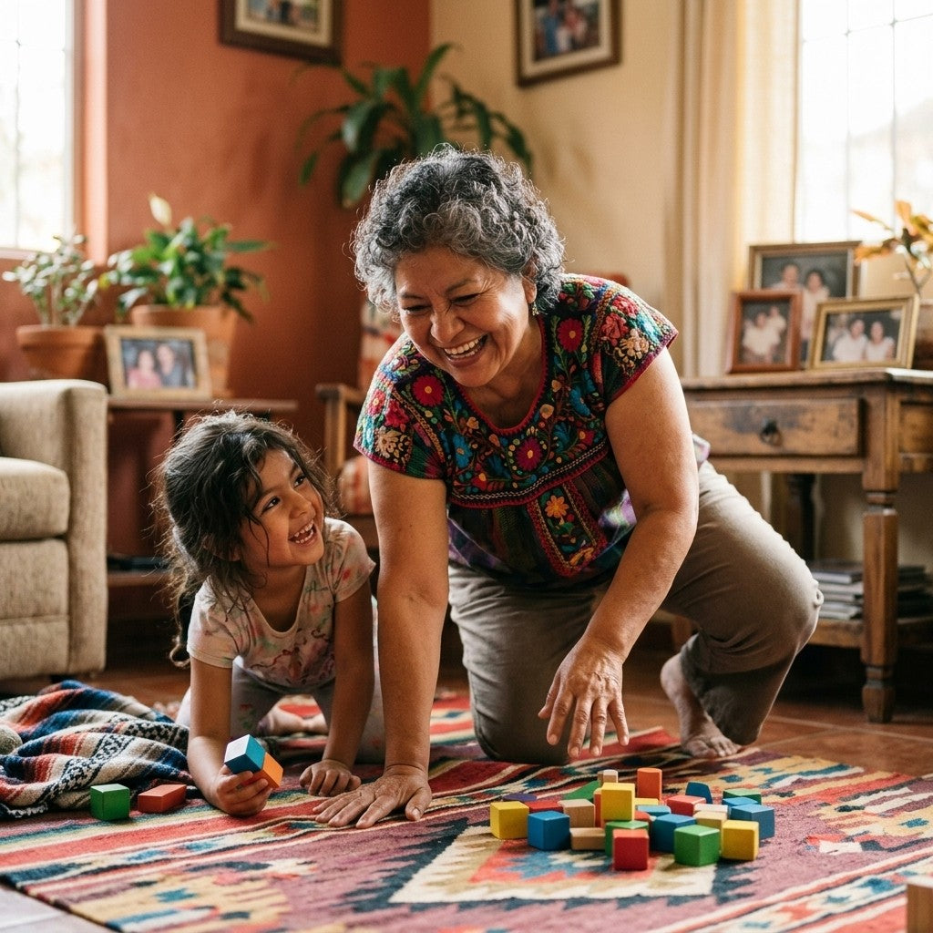 Abuela jugando en el piso con su nieta