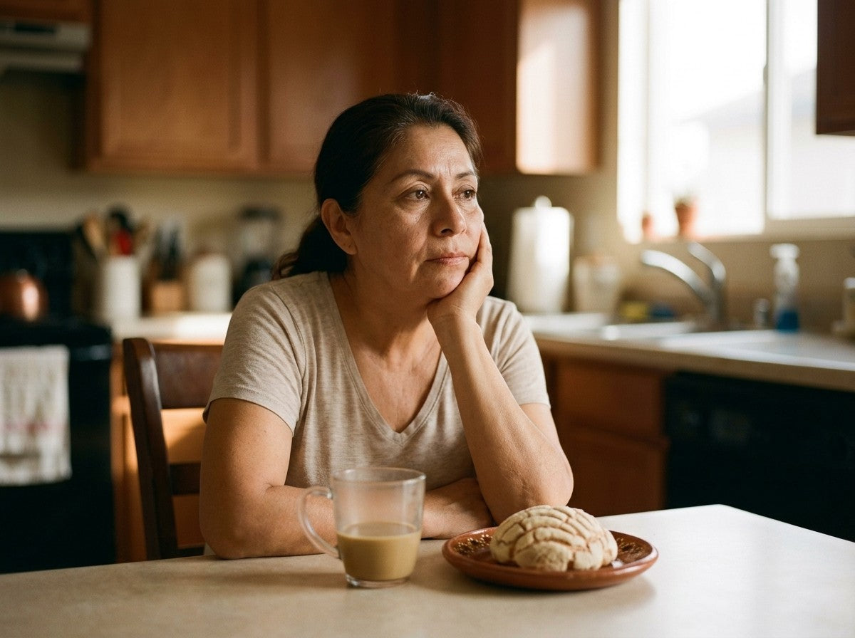 Mujer cansada en la mesa de su cocina por la tarde