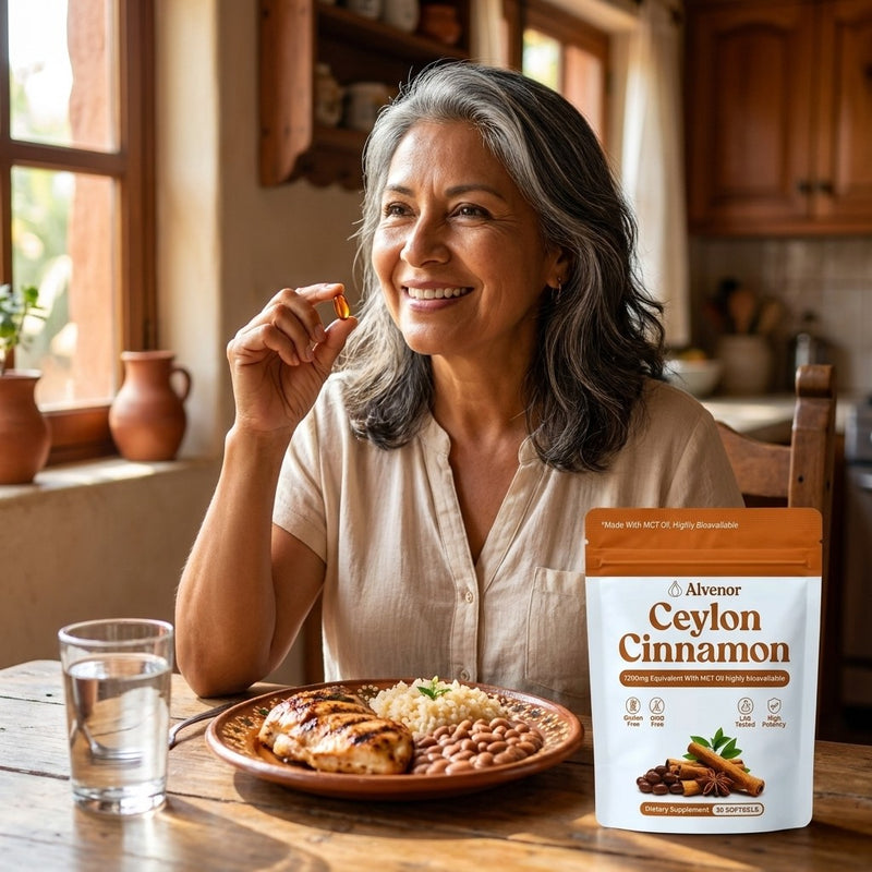 Mujer tomando su cápsula con la comida